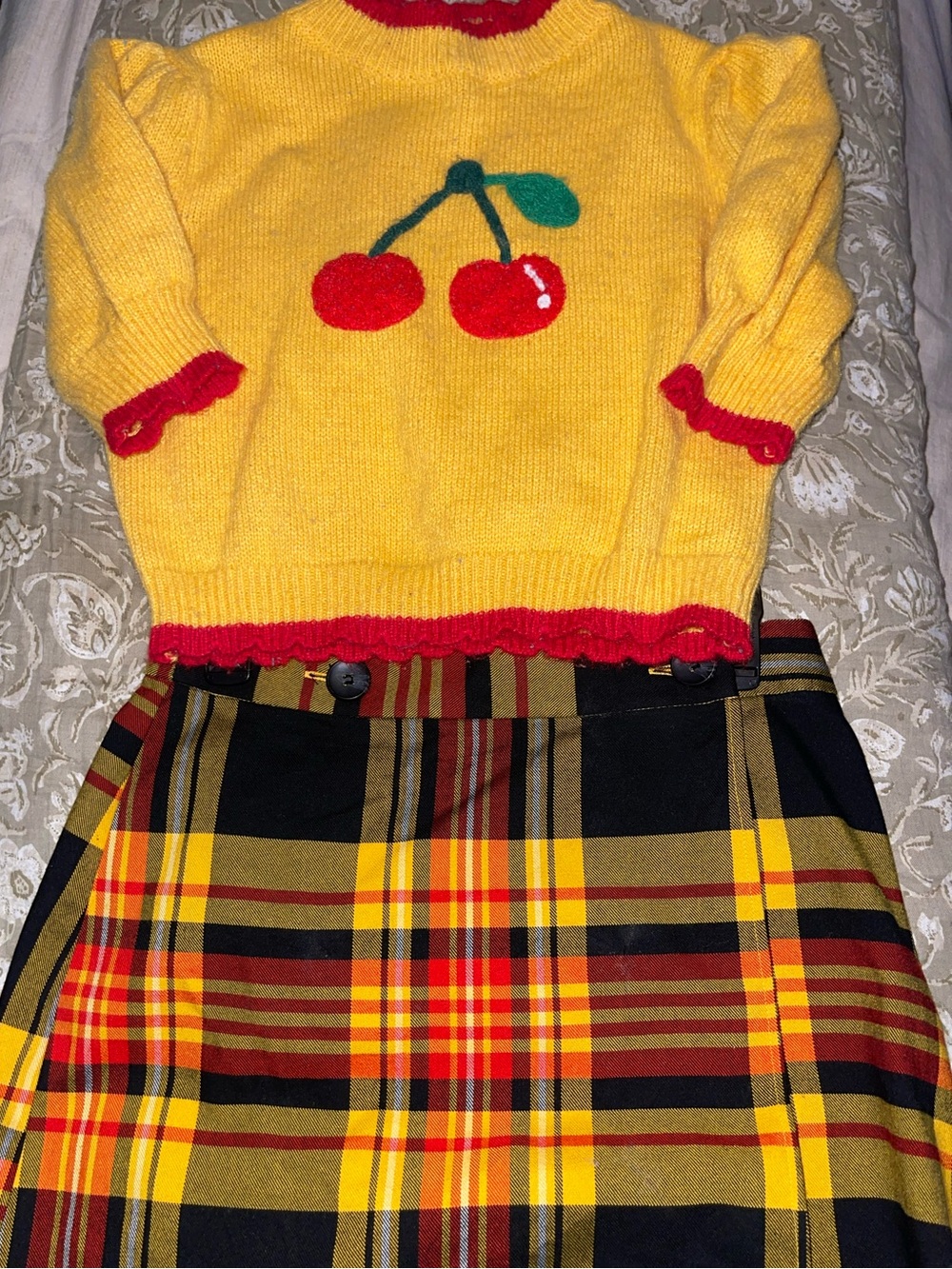 Forever 21-Yellow Knit cherry Sweater with Red Accents w/ yellow/red/black skirt